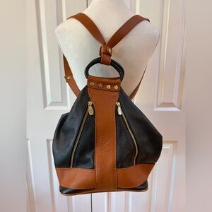 Valentina Leather Black and Tan Convertible Sling/Backpack Bucket Bag